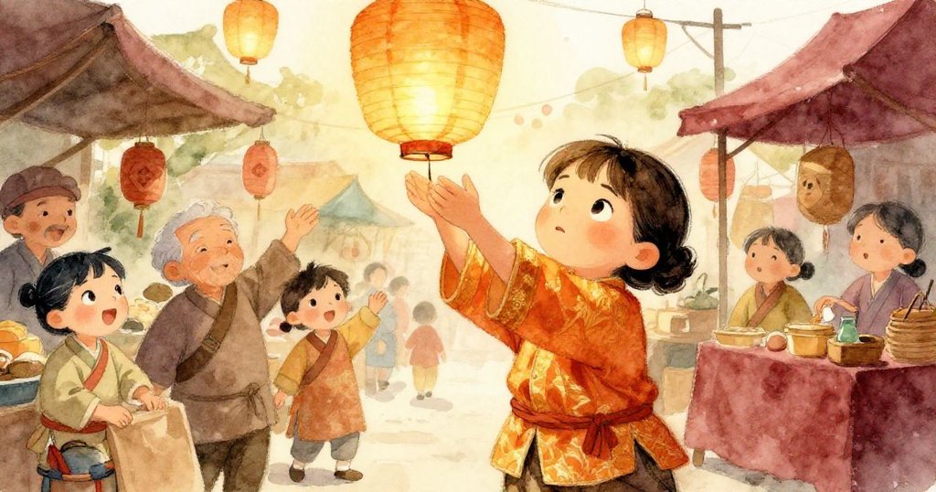 米拉與長者、市集攤販齊心協力舉起紙燈籠，臉上洋溢著欣慰與慶賀，氛圍溫馨歡樂。