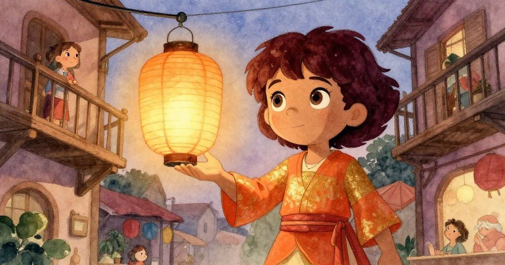 米拉滿懷成就感注視紙燈籠懸掛於兩陽台之間，市場漸歇，夜幕低垂，充滿溫馨告別與夢幻餘輝。