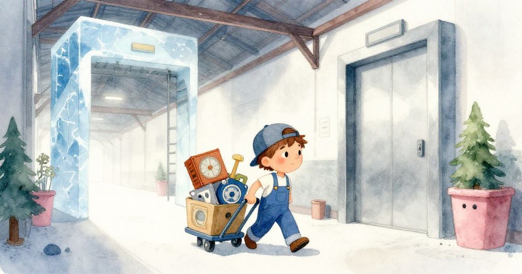 米羅在晨霧迷漫的倉庫中推著滿載道具的小推車，神情專注，背景顯示宏大貨梯與柔和光線，充滿期待與輕柔美感