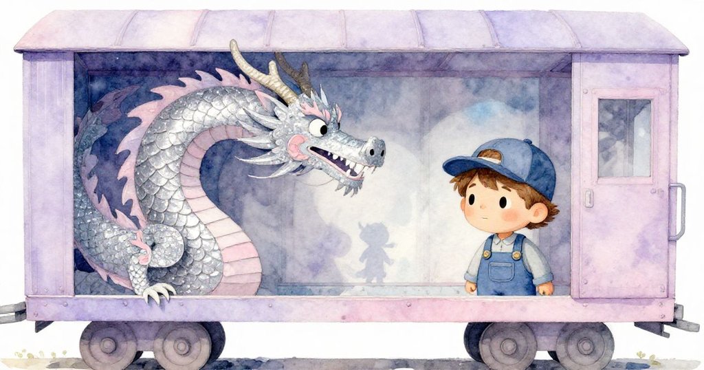 隱藏生物視角中展示貨車內炫彩紙龍細節，米羅遠處檢查貨梯，光影交錯營造出神秘奇幻的氛圍