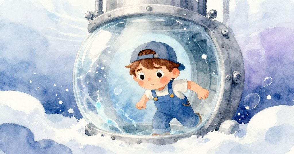 米羅凝視半透明的貨梯井，如同水下世界般散發柔光，手持手電筒探查神秘深處，展現夢幻與奇妙感