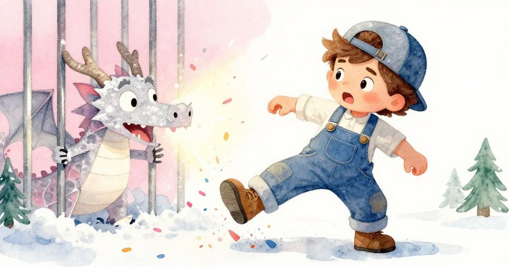 米羅驚訝後退，紙龍鼻尖探出柵欄，彩紙飛舞環繞其靴邊，定格動作緊張而生動，充滿戲劇張力