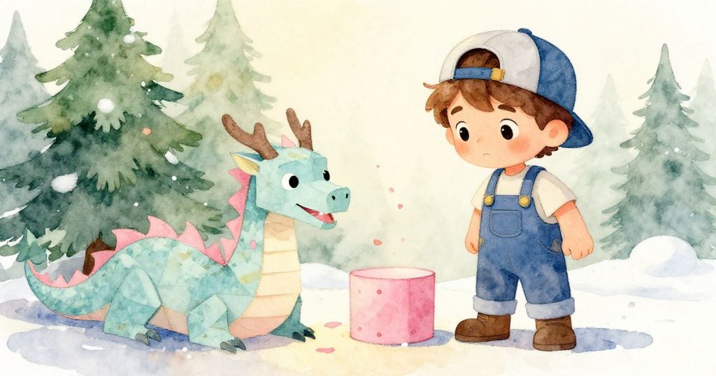 米羅穩重地整理道具於紙龍旁，柔和彩紙逐漸落定，神情平和滿足，場景溫馨締造完美落幕