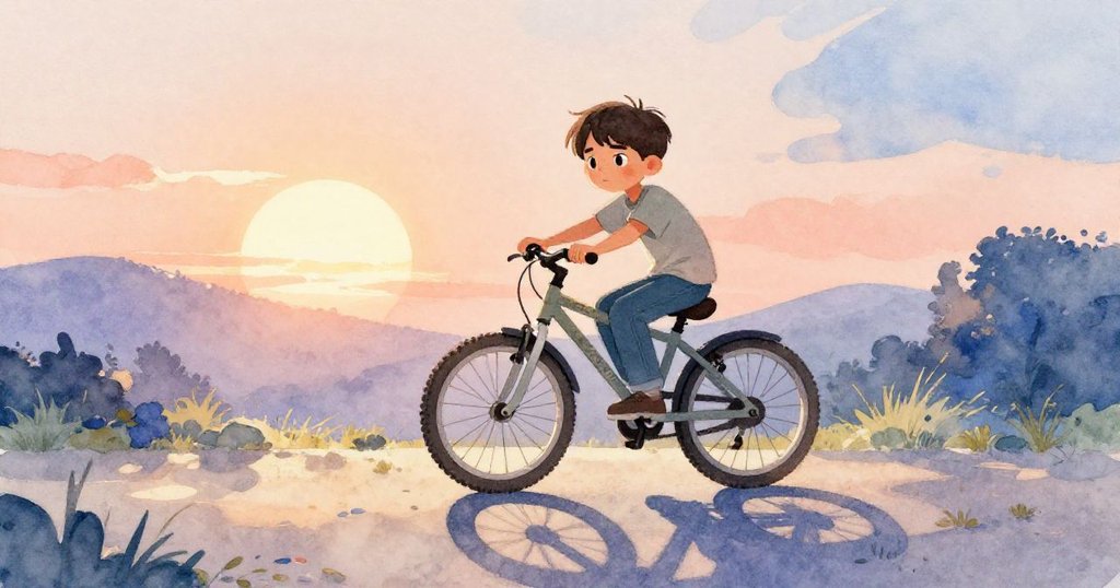 Milo在溫暖庭院中蹲著檢查老舊自行車，日出映照下顯得堅定與期待，故事開始展開冒險。