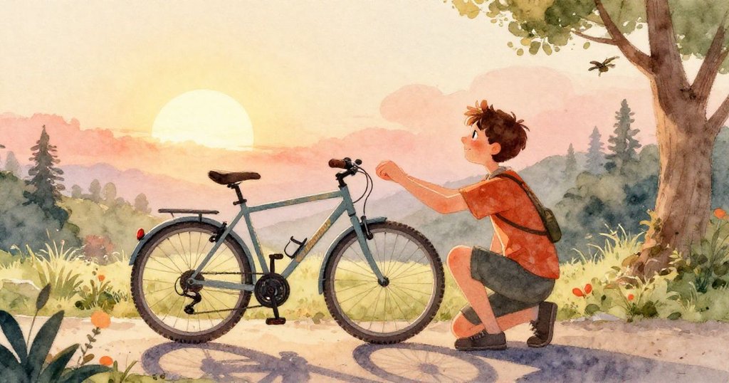 Milo專心調整生鏽車鏈，他細緻操作工具，表情專注，故事發展至細節處理。