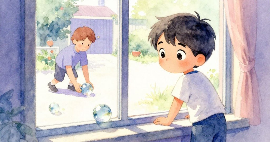 Milo透過窗框觀察鄰居滾動玻璃彈珠，疑惑中帶著好奇，故事邁入探究神秘聲音的階段。