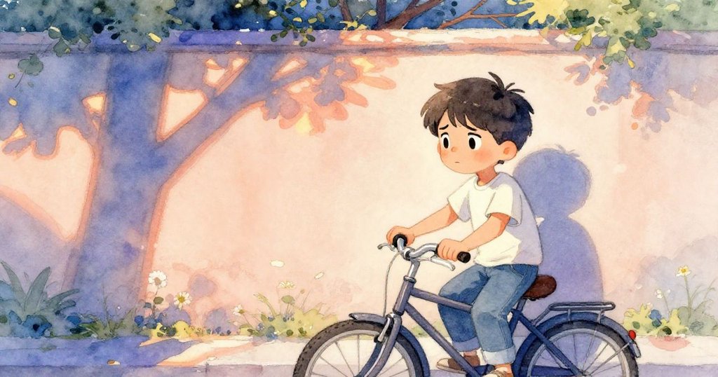 Milo站在夕陽下的庭院中，面露不耐，腳輕敲地面，背景長影交錯，情緒逐漸緊張。