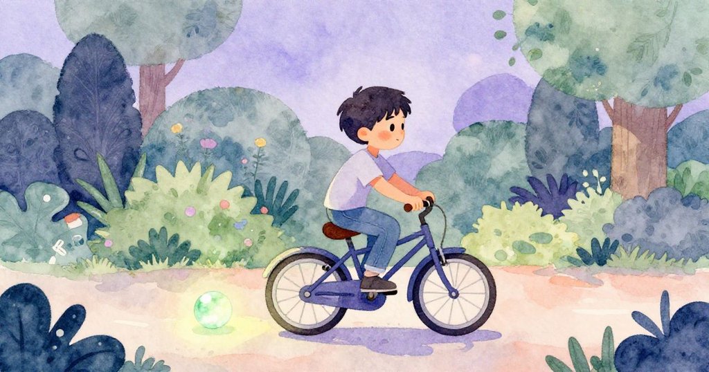Milo在寧靜庭院中輕快騎行，臉上綻放勝利笑容，自行車安放於門廊旁，故事圓滿結束。