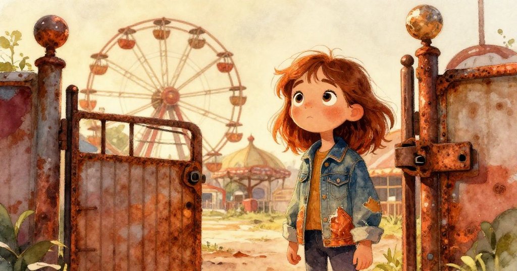 Lena在破舊遊樂園入口前等待，眼中充滿好奇，映出冒險開始的期待與興奮。