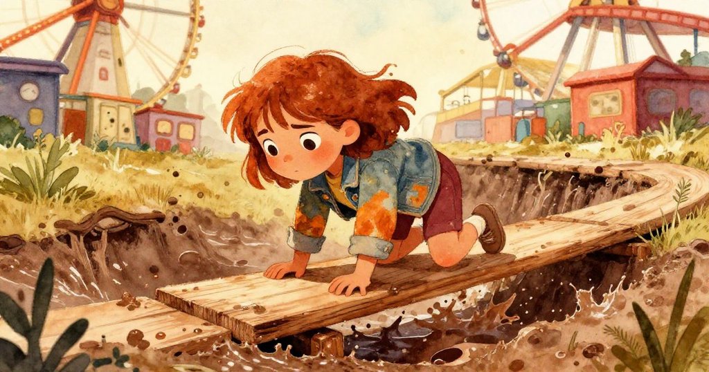 Lena小心爬過搖晃木板，泥濘飛濺，她展現冒險精神，迎向挑戰與成長。