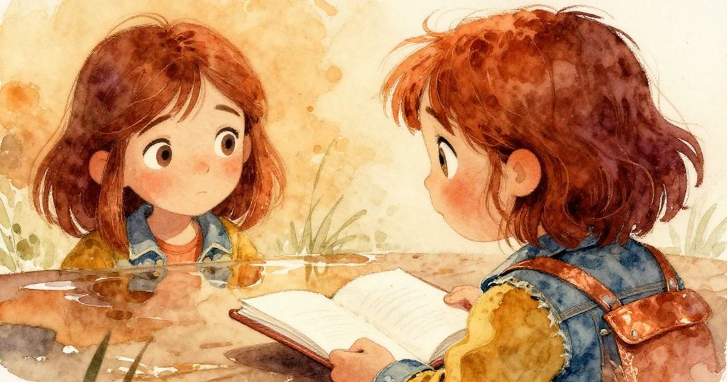 Lena停下筆記本，低頭看著水中倒映的光影，情緒充滿驚奇與反思。