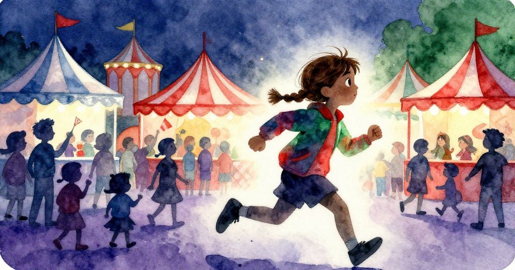 在明亮的背景中，哈珀奔跑於熱鬧學校嘉年華中，輪廓分明，表情堅毅，項扣在口袋裡發出輕響。