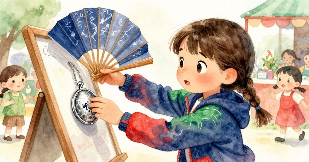 哈珀小心展開紙扇，引導從桌邊滑落的銀項扣，背景攤位模糊映襯焦急與專注的情緒。