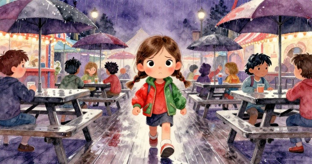 低角度展現哈珀堅定眼神，她穿越緊密排放的野餐桌，雨中木板濕潤，氛圍充滿挑戰與希望。