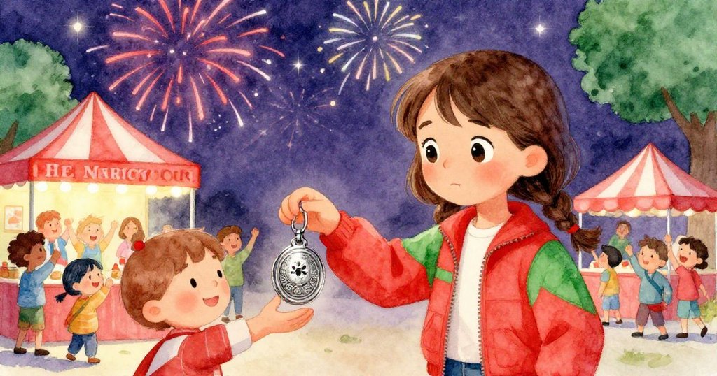 煙火與彩光映襯下，哈珀將銀項扣交給幫手，眾人歡欣鼓舞慶祝冒險成功，場景洋溢喜悅。