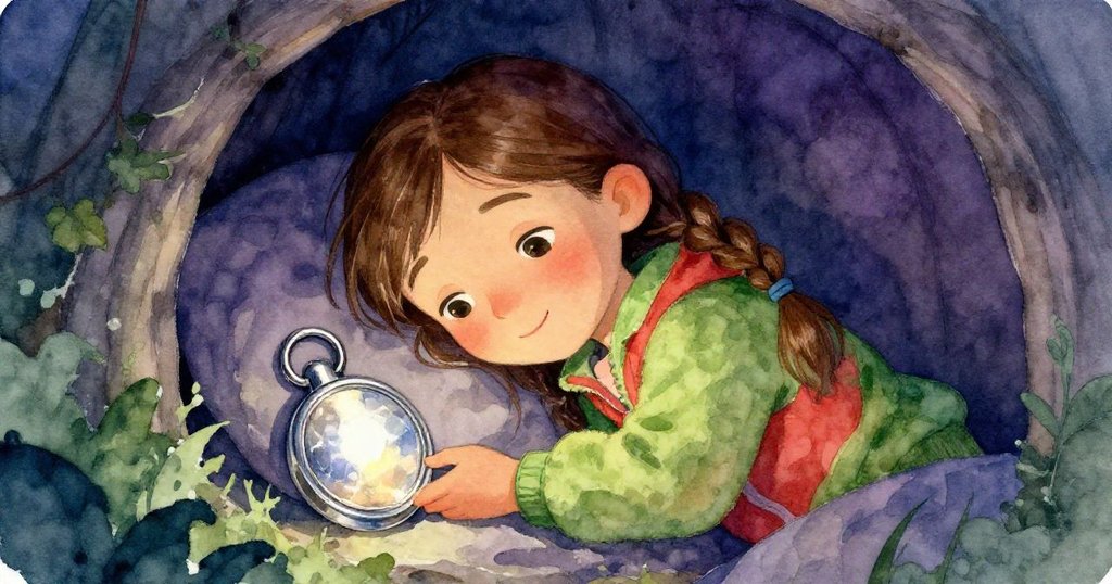 哈珀靜坐於角落中，滿臉平和微笑手握銀項扣，背景融合藍紫色調，展現冒險後的溫馨寧靜。