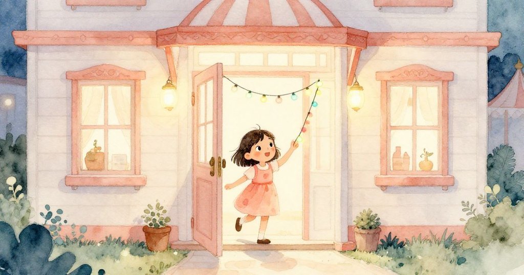 艾拉興奮地走出家門，手持彩燈迎接遠處嘉年華，溫馨背景與開放大門展現故事開始的喜悅。
