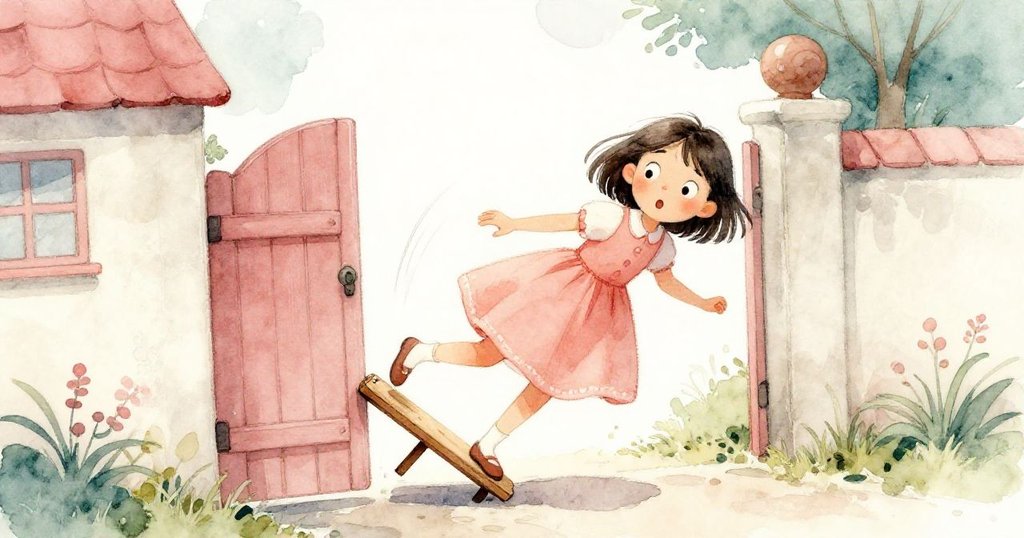 艾拉站在小凳上意外翻倒，木板松動引起激動掙扎，動態轉折瞬間傳達故事發展的驚喜。