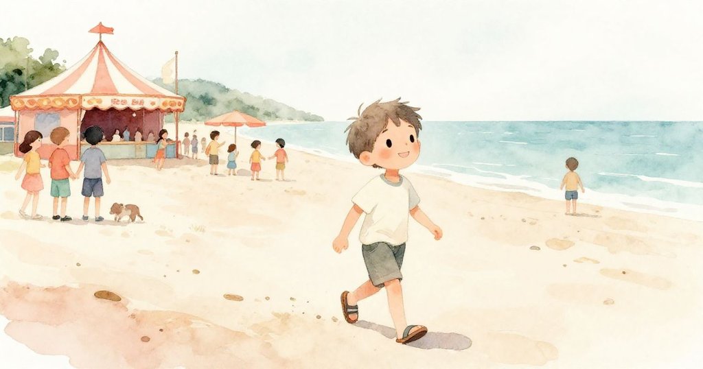 Leo在海灘與嘉年華人潮中快樂行走,沙灘與燈光營造出溫暖的氛圍,他面帶期待笑容。