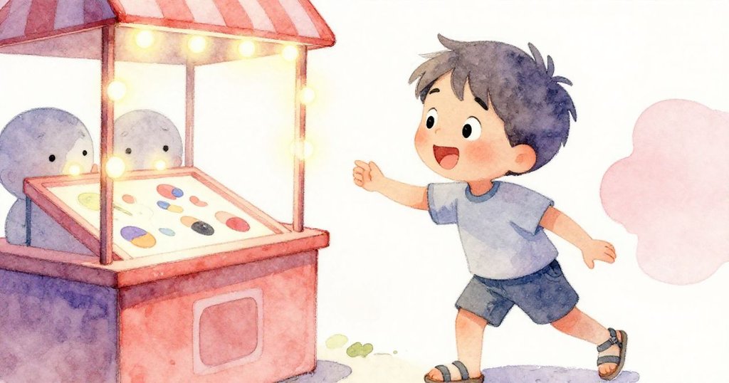 Leo走向射圈遊戲攤位,臉上露出興奮期待的表情,燈光閃爍背景映襯出他專注的神情。