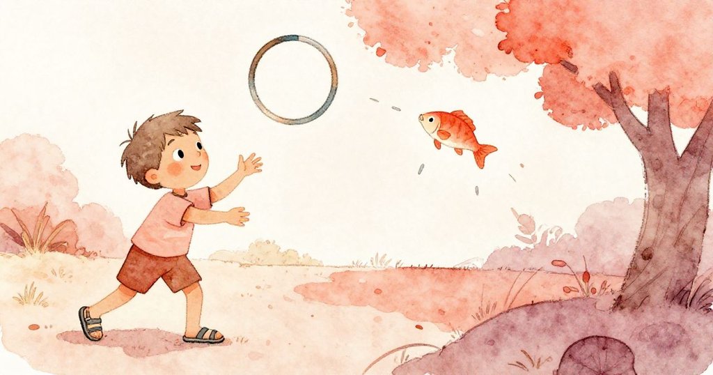 Leo在分割畫面中一邊投擲環圈一邊見證玩具魚掉落,動作連貫,展現興奮成功的瞬間。