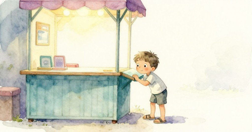 Leo在休息期間好奇探訪閉合攤位後的小角落,燈光柔和細節豐富,他神情專注且充滿驚喜。