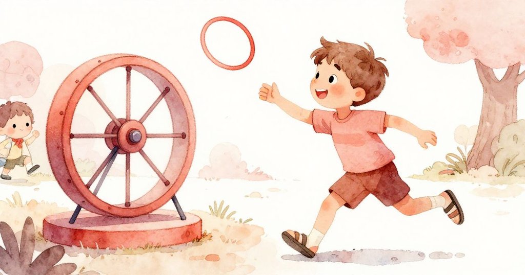 Leo奔向遊戲輪盤,快速拋出環圈,展現勇敢與活力,背景簡潔明亮,情緒充滿動感。