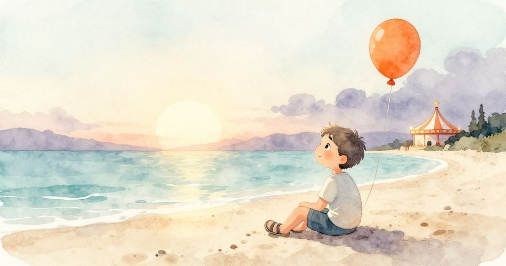 Leo傍晚坐在沙灘上休息,橙氣球在夕陽中飄動,嘉年華燈光遠遠映襯寧靜的海灘,神情平和。