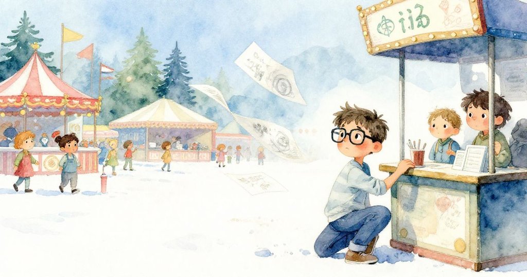 米洛蹲在售票處旁,用單膝撐著畫冊,畫冊頁隨風飛舞,背景是熱鬧的遊樂園,神情專注且充滿期待。