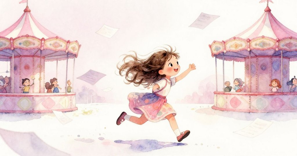 拉拉在空曠場地中追逐飛舞的紙張,頭髮隨風飄揚,笑容中充滿勝利的戲劇性,背景簡潔突顯節奏感。