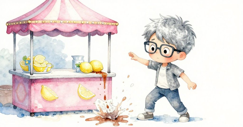 在檸檬水攤旁,小孩撞到米洛,糖漿灑在畫冊上,米洛驚訝表情明顯,充滿意外與細膩情感。