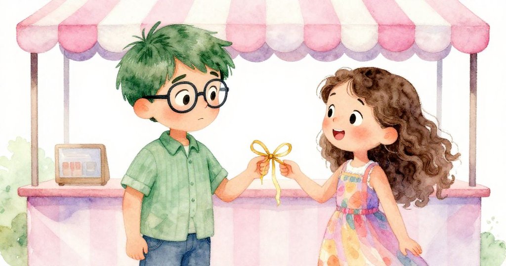 在條紋帳篷下,米洛與拉拉互動,拉拉遞出金色緞帶,兩人眼神中流露驚喜與默契,溫馨場景。