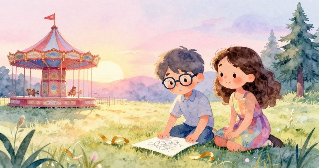 夕陽餘暉下,米洛將完成的畫作輕放於草地上,金緞帶靜依旁邊,拉拉含笑陪伴,畫面寧靜溫暖且充滿滿足感。