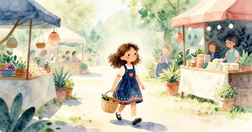 莉莉在晨光中步行前往市場，手持空籃子，輕鬆愉快，市場背景展現寧靜早晨的活力與希望。