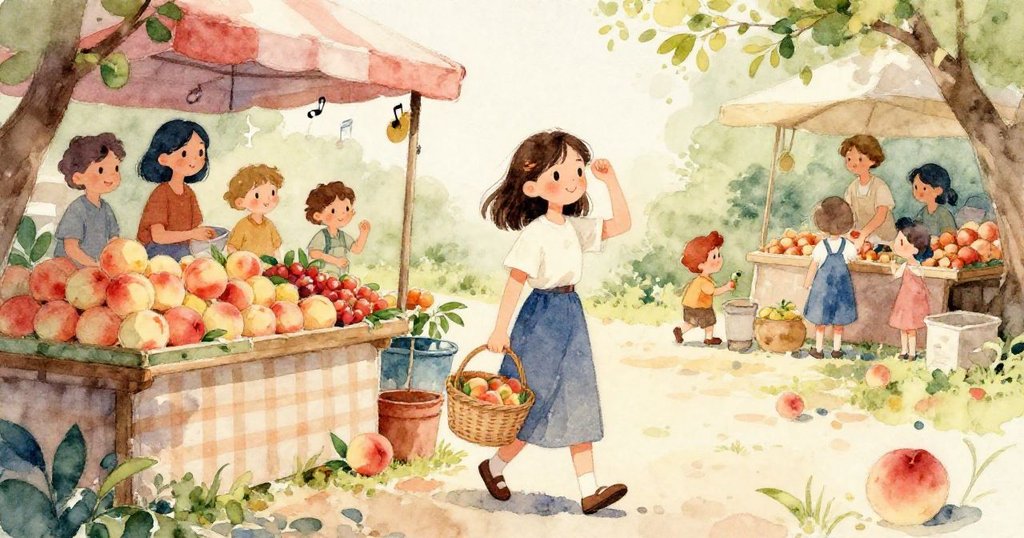 莉莉伸手觸碰閃亮梨子，果實細膩光澤展現市場豐富色彩，充滿期待與驚喜的情感瞬間。