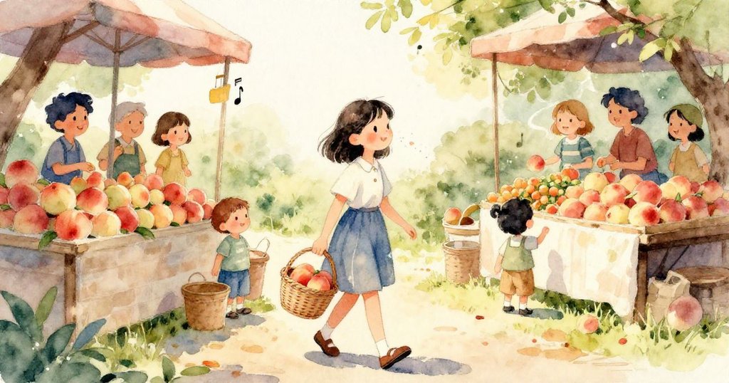 小動物視角下，蘋果滾動碰撞梅籃，市場中眾人既驚訝又好奇，展現出一場活潑意外連鎖反應。