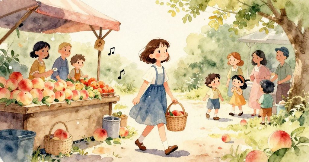 市場隨著時間轉變，孩子們在陽光下佈置舞台，活動氣氛濃厚，時間流逝中蘊含著夢想與期待。