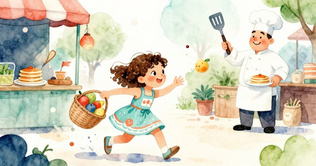 急促場景中，莉莉迅速用籃子阻擋滾動果實，旁邊廚師翻鬆餅，整個市場充滿緊湊與趣味。