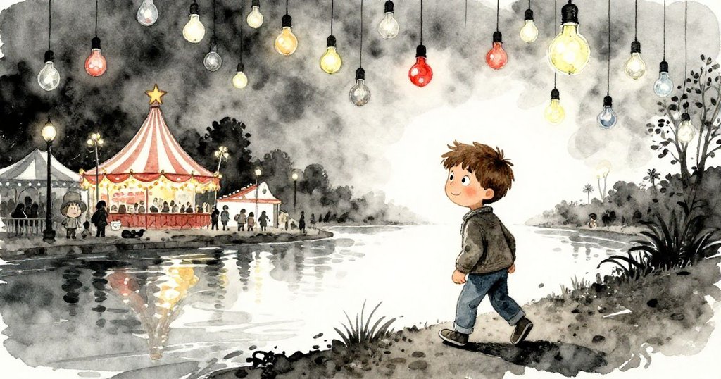 米洛踏入河畔市集，眾多彩燈初亮映照水面倒影，滿懷期待步入奇幻展開。