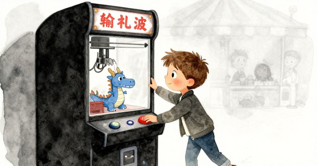 米洛專注操作娃娃機，神情堅定，試圖抓取心愛的藍龍布偶，現代市集燈光環繞。