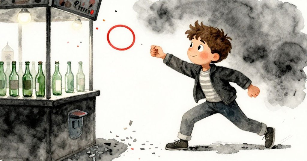 米洛試投圈套，與綠色玻璃瓶互動，飛舞彩紙伴隨心跳微顫，努力成功未果。