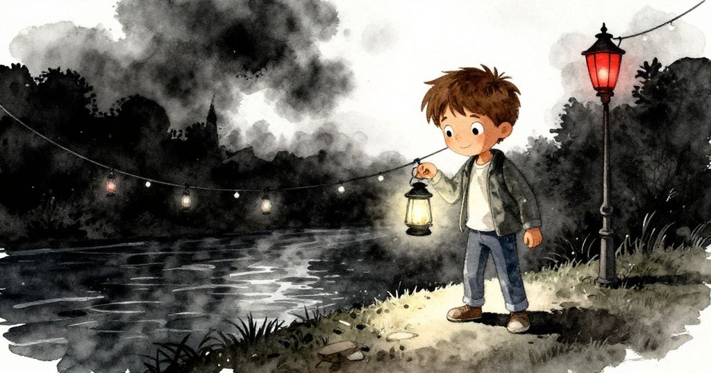 市集突遇停電，僅見燈籠餘光映照河面，米洛目光凝視黑暗中渺茫希望。