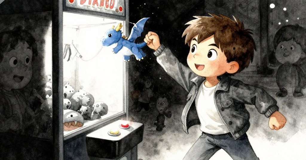 米洛再啟娃娃機，穩定按鈕操作，藍龍布偶在燈光中閃爍，動態成功取獎。