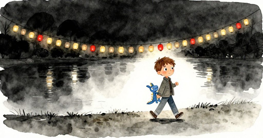 米洛滿懷喜悅攜帶藍龍布偶，河面上燈籠閃爍，結束奇幻市集夜晚美好團聚。