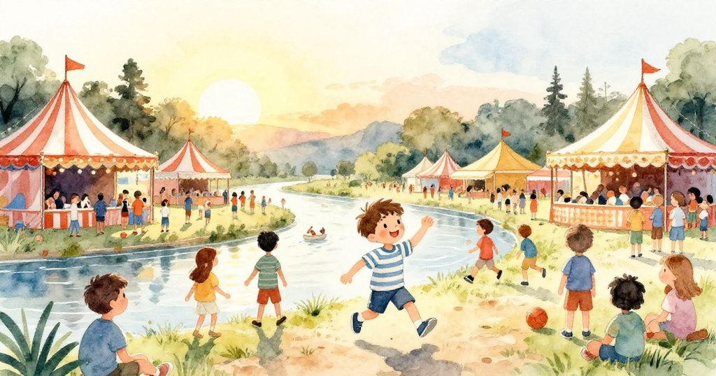 在晚夏河畔嘉年華中，Cal穿梭於人群與條紋帳篷間，臉上洋溢著歡樂笑容，環境充滿溫暖黃光與藍天。