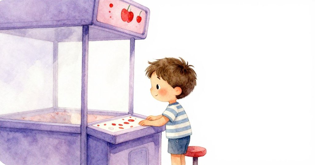 在空曠背景下，Cal站在無人排隊的遊戲攤位前，右手握著橡膠環，神情專注且滿懷期待。