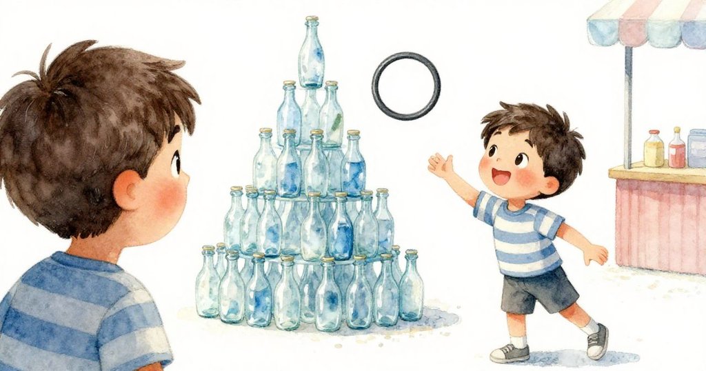 透過Cal背後的視角，看見他專心拋出橡膠環，背景中排列整齊的玻璃瓶在柔和光線中閃爍著微光。