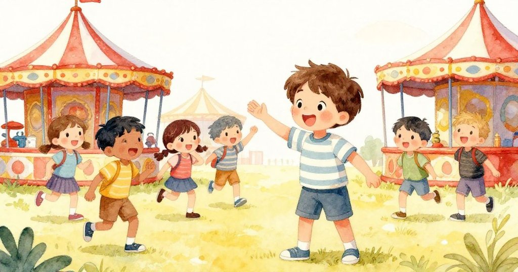 在熱鬧攤位前，Cal與少年們一起嬉戲追逐，每個人臉上都洋溢著驚喜與歡笑，共享難忘時刻。