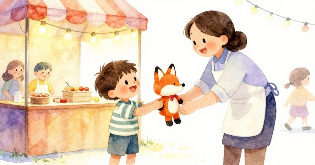 在溫暖燈光下，攤位服務員微笑著將毛絨狐狸交給喜出望外的Cal，背景中散發著慶祝與溫馨的光彩。