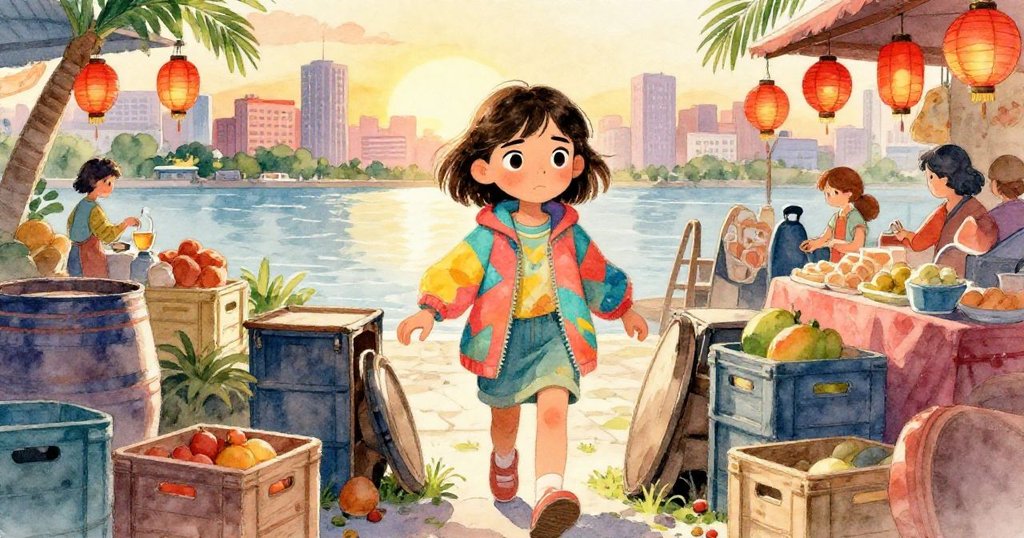 Mira在夕陽下跨進城市入口，手中穩握紙箱，背景熱鬧市集與紅燈籠，展現期待與動感情緒。